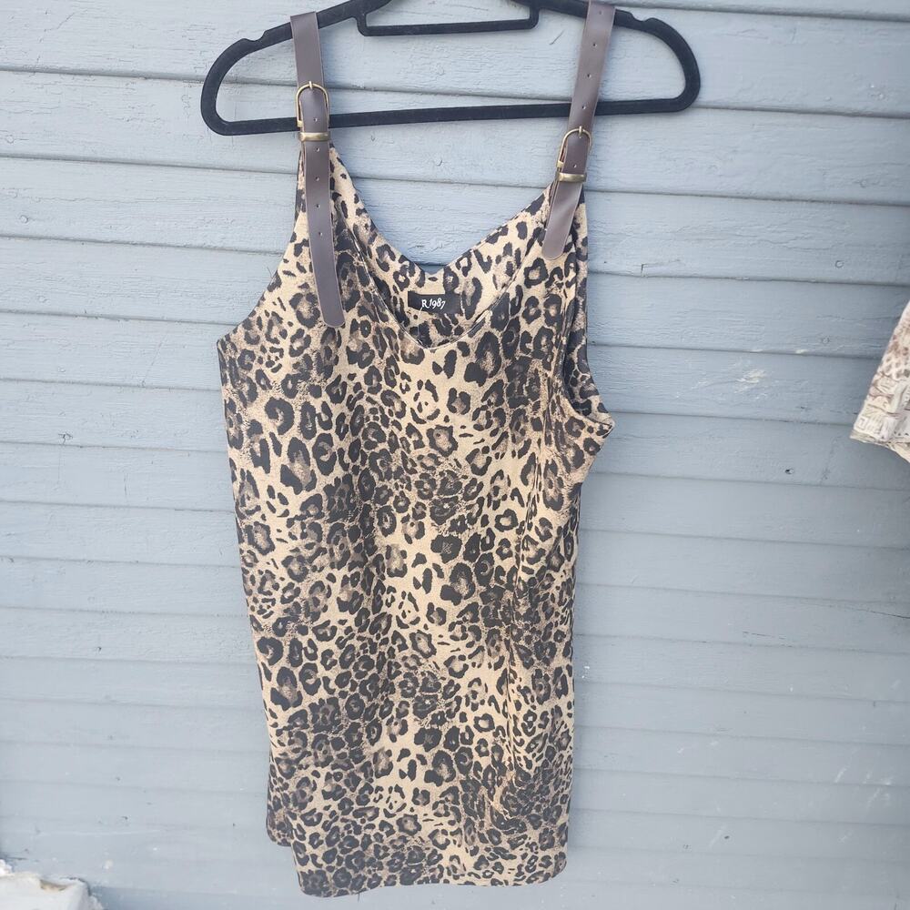 NWT R 1987 Plus Size 22 Womens Leopard Print Pinafore Faux Leather Strap